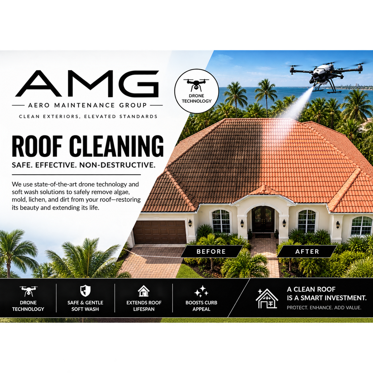 AMG Exteriors drone roof cleaning — before and after results